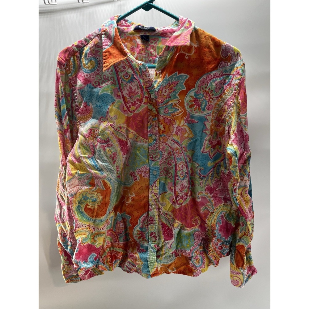 Chaps Woman XL Colorful Paisley Floral Button Up Shirt Long Sleeve Cotton Bright